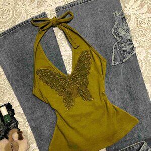 Original Yellow Bow Embroidery Halter Neck Camisole For Women